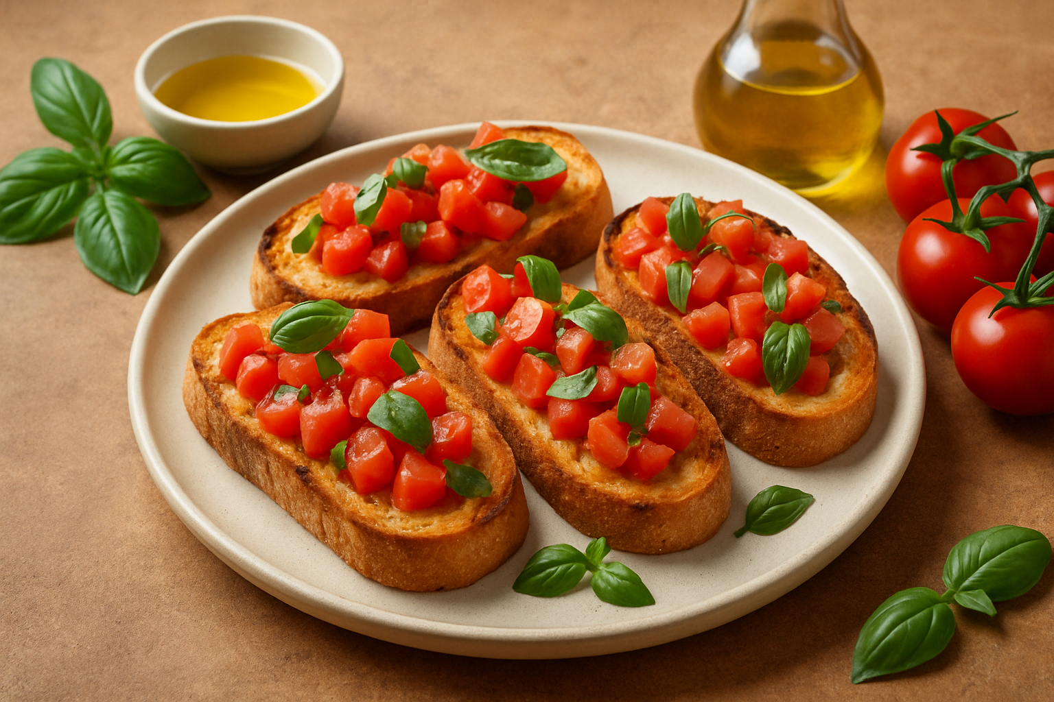 Bruschetta italienne authentique prête à être dégustée, présentée sur une assiette rustique.