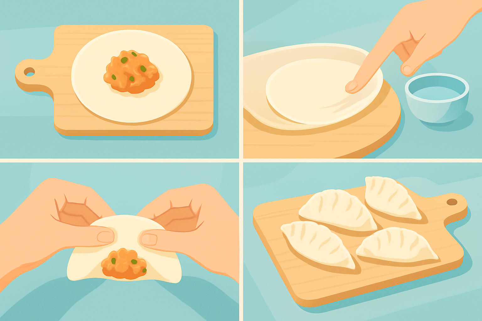 Guide visuel des étapes de pliage des gyozas maison, montrant la disposition de la farce, l'humidification, le pliage en demi-lune et la formation des plis.