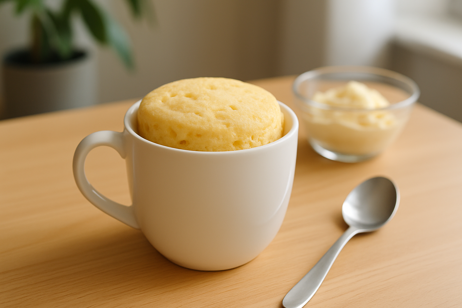 Mug cake vanille moelleux fraîchement préparé prêt à être dégusté