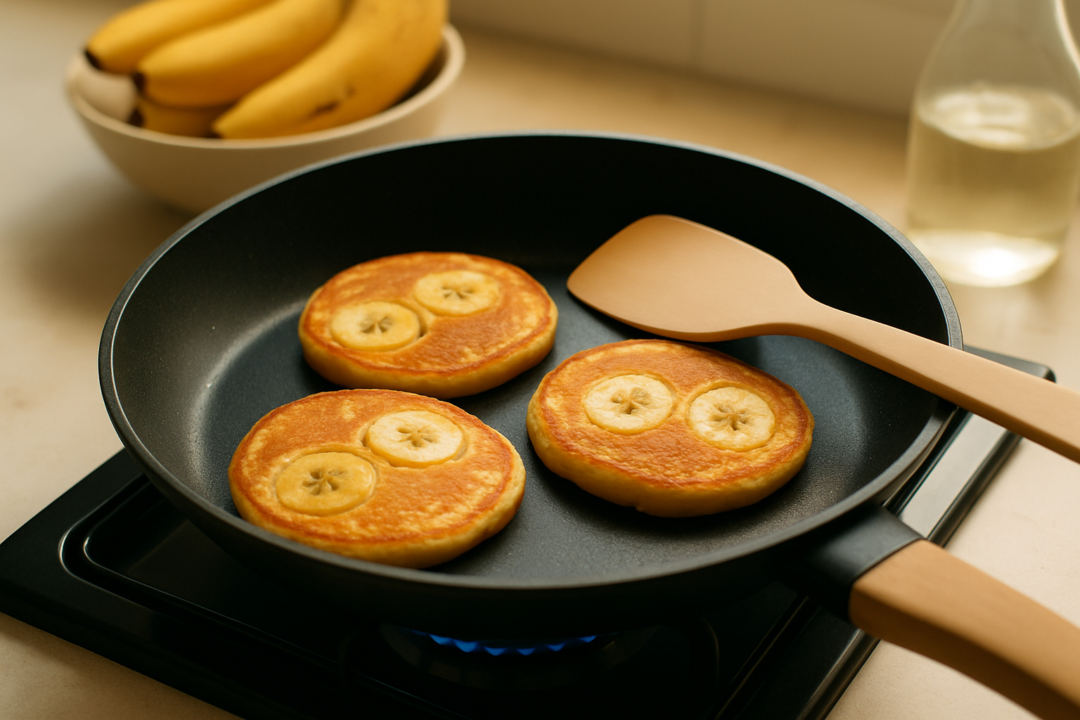 Pancakes banane sans farine en train de cuire doucement à la poêle