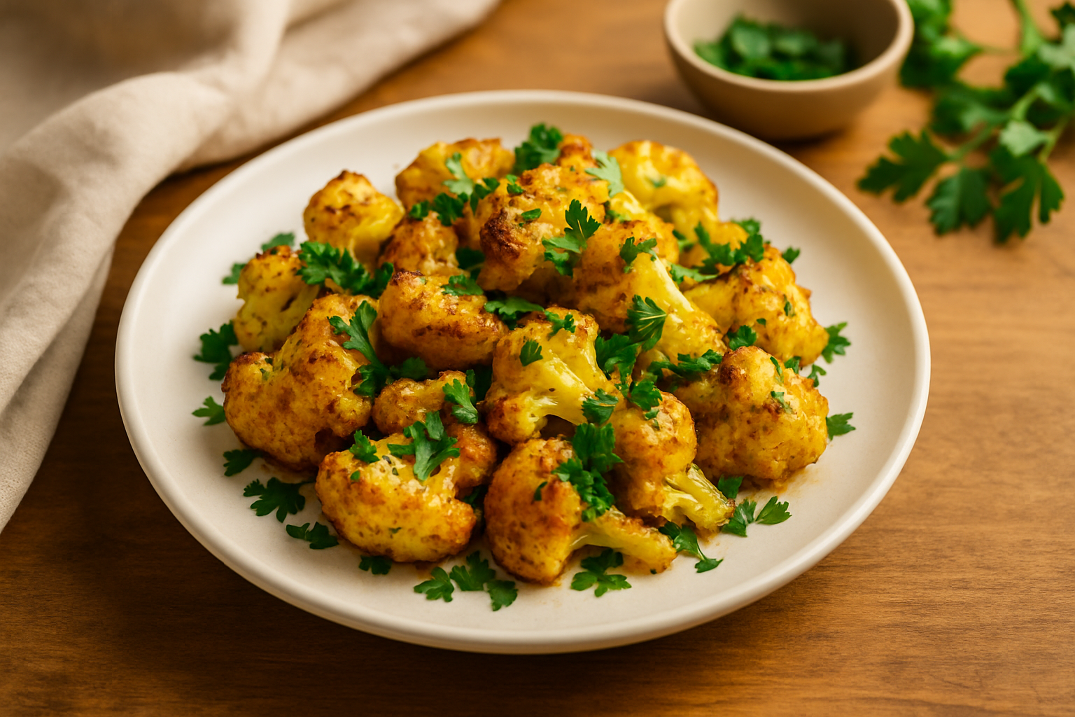 Chou-fleur rôti aux épices, prêt à être dégusté, avec une jolie coloration dorée et des herbes fraîches en garniture