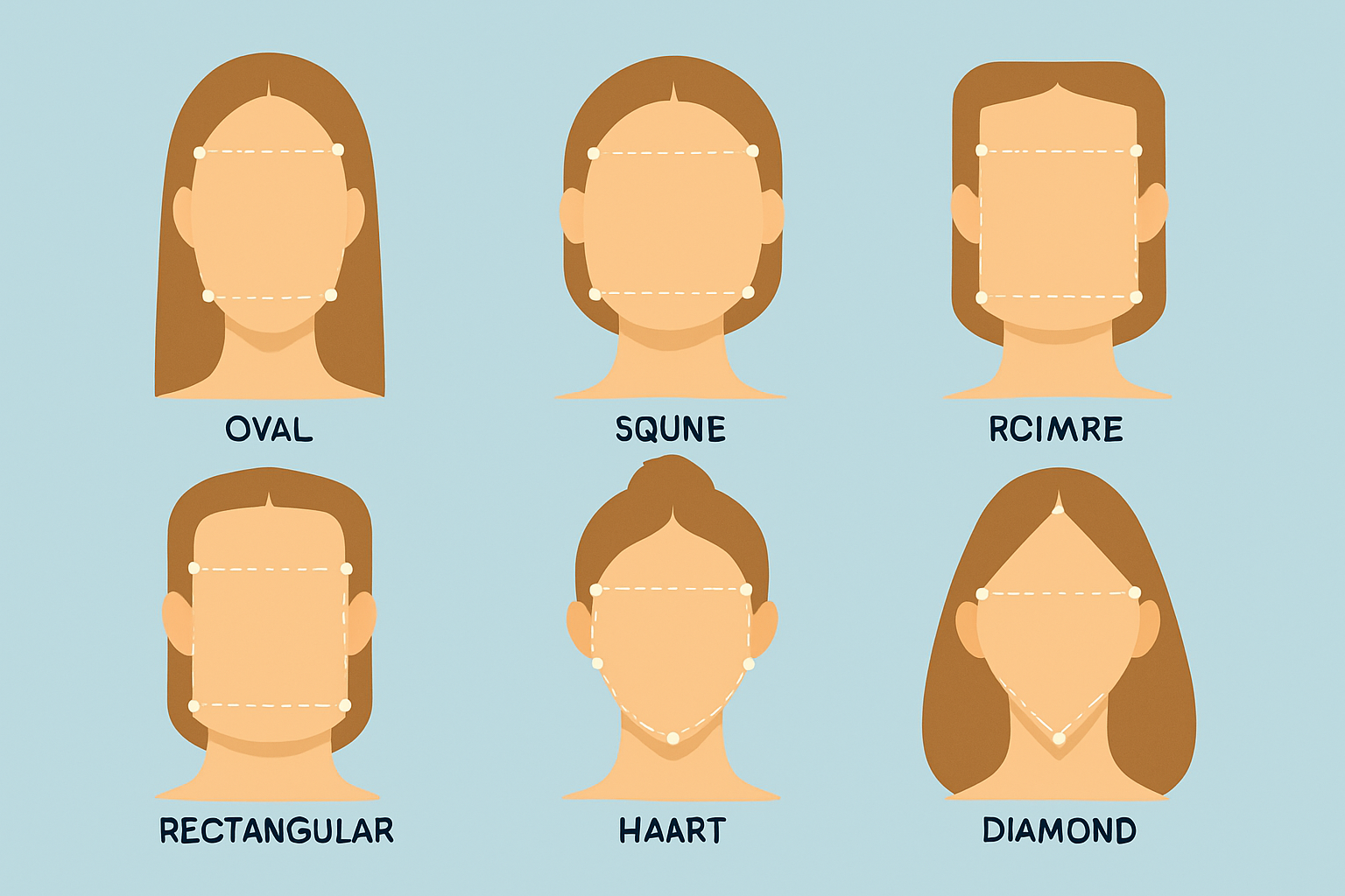 Illustration des différentes formes de visage avec les zones clés à mesurer.