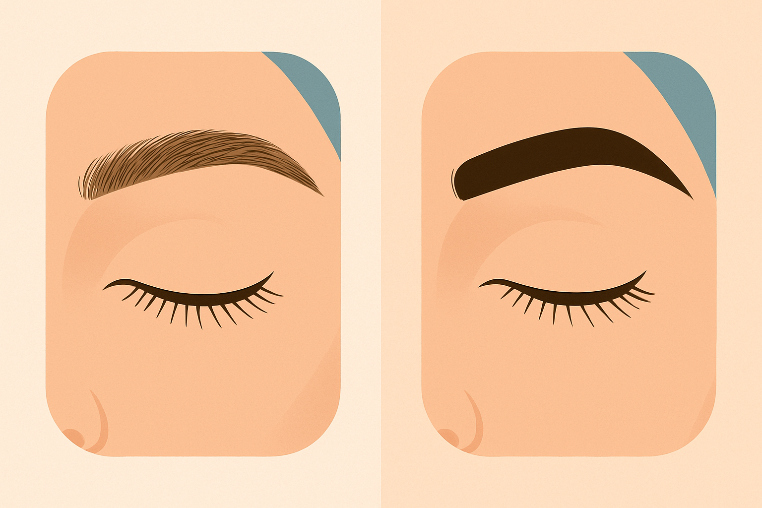Comparaison visuelle entre les sourcils microbladés et tatoués, mettant en évidence le rendu naturel du microblading et la densité du tatouage.