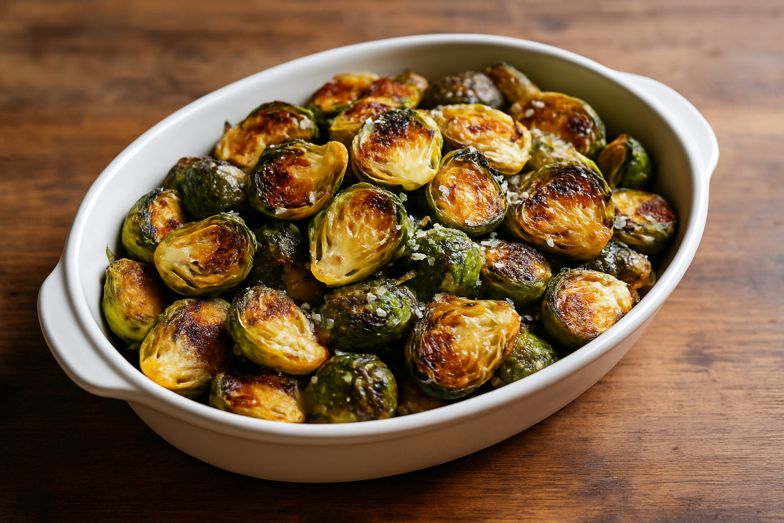 Plat de choux de Bruxelles rôtis à l'ail et parmesan, prêts à être dégustés