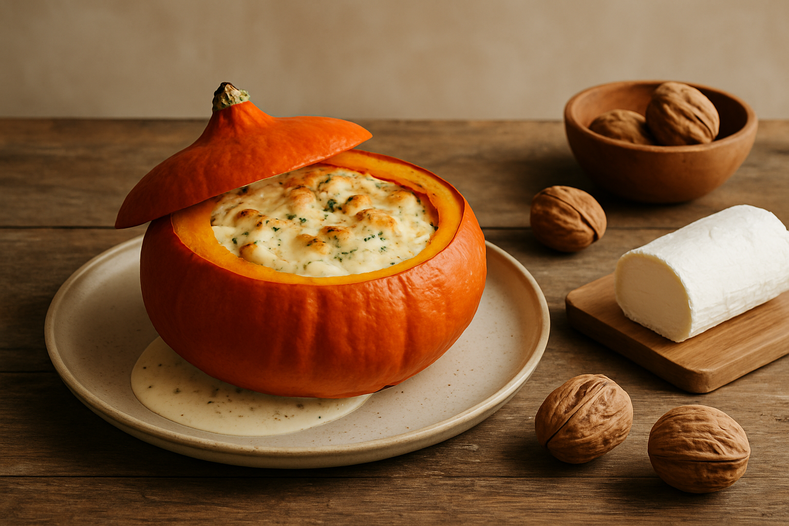 Potimarron doré au four, farci au fromage de chèvre et noix, prêt à être servi