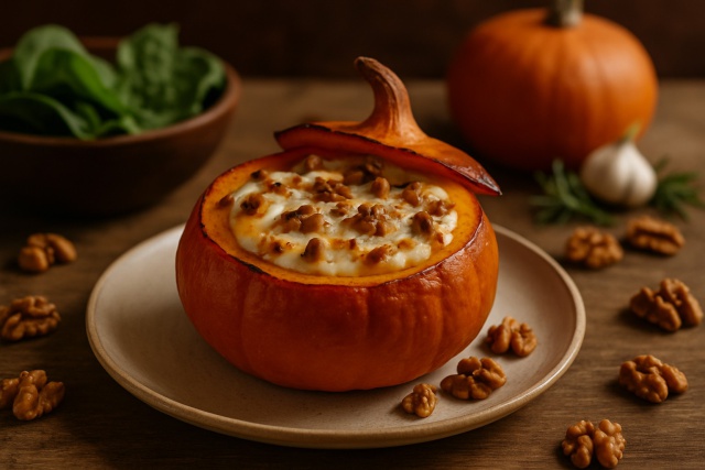 Potimarron au four farci au chèvre et noix