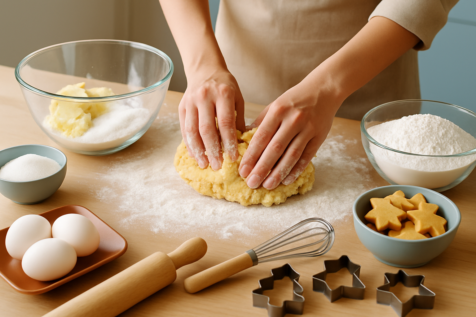 Préparation de la pâte sablée de Noël dans un bol avec farine, beurre et œufs