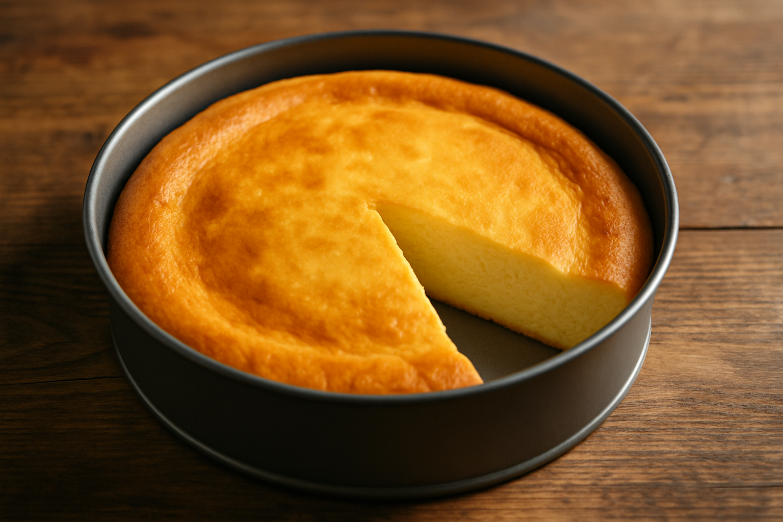 Gâteau fromage blanc fraîchement cuit, doré et moelleux, présenté sur une table rustique avec une tranche découpée.