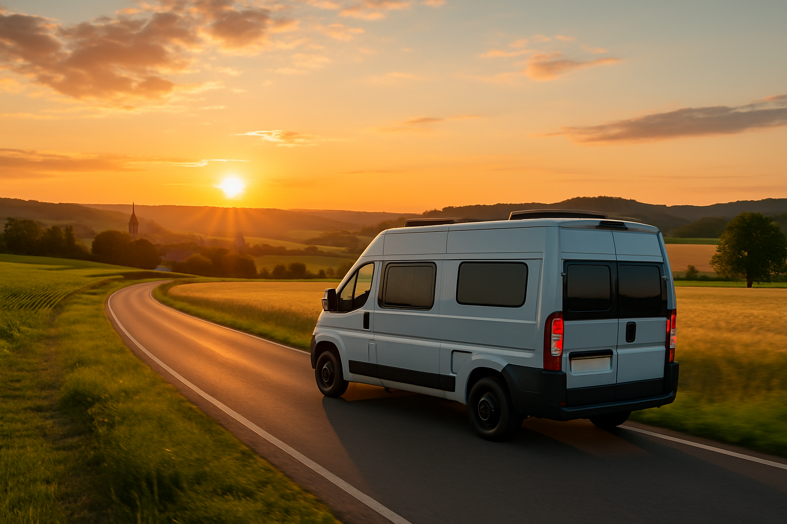 Van aménagé sur une route européenne en milieu naturel, symbolisant la liberté et l'aventure d'un road trip