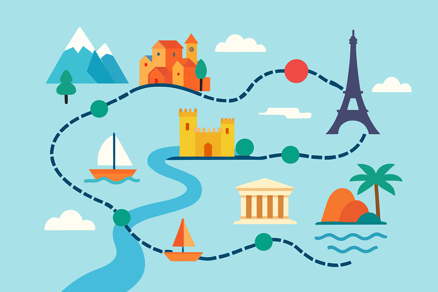 Carte illustrant un itinéraire type pour un road trip en Europe, intégrant villes, sites naturels et routes majeures