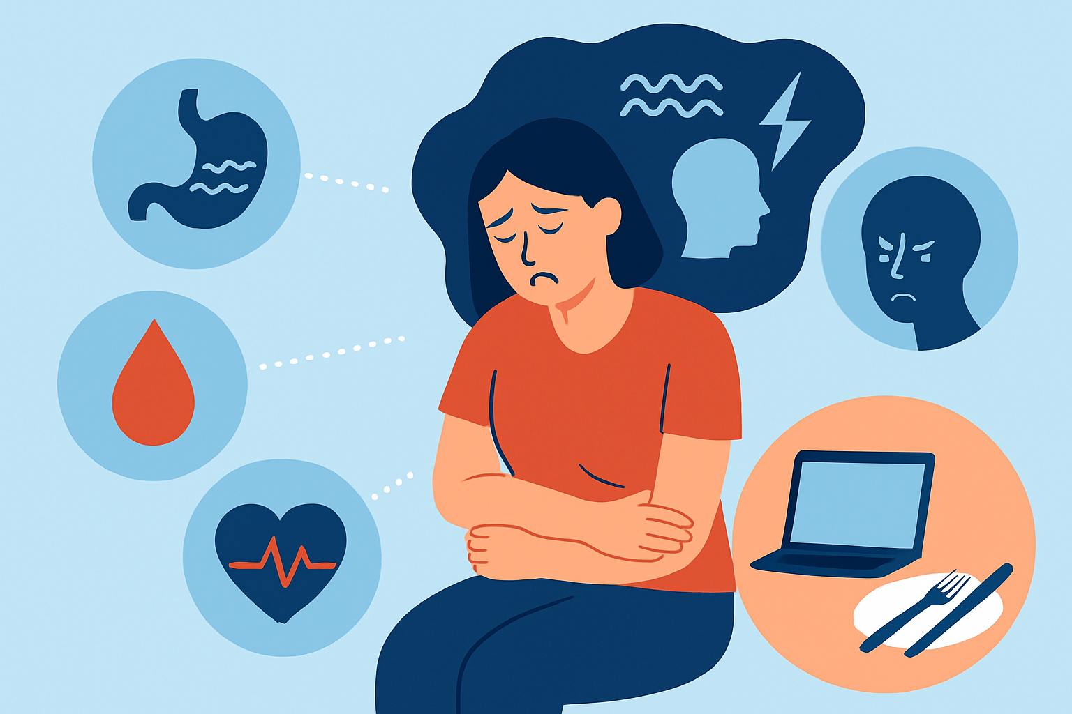 Schéma illustrant les symptômes physiques et psychiques de l'émetophobie et leur impact sur la vie quotidienne