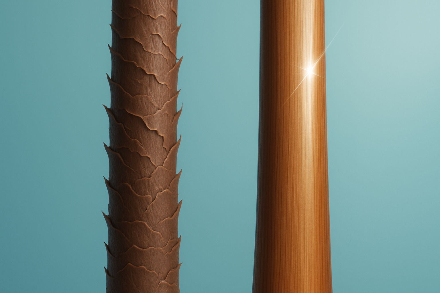 Comparaison avant/après d’un traitement de botox capillaire sur cheveux abîmés, montrant brillance et réparation.