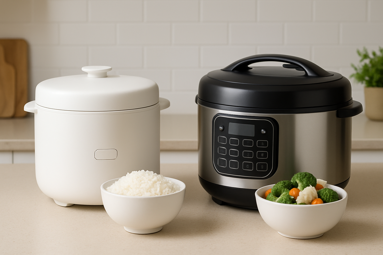 Comparaison visuelle entre un rice cooker électrique classique et un modèle multifonction dans une cuisine contemporaine