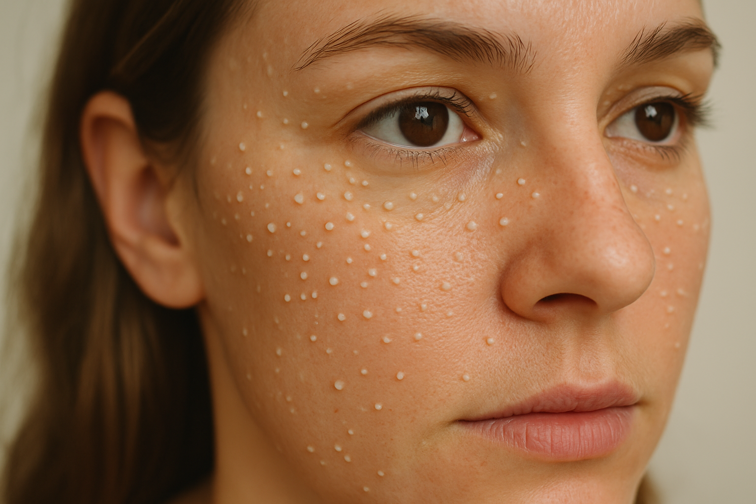 Image illustrant des grains de milium typiques sur le visage, notamment autour des yeux et des joues.