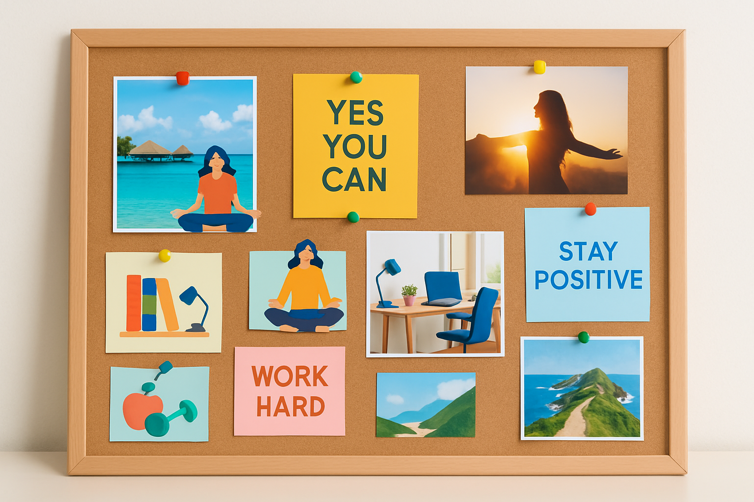 Exemple d’un vision board coloré et bien organisé représentant différents objectifs de vie