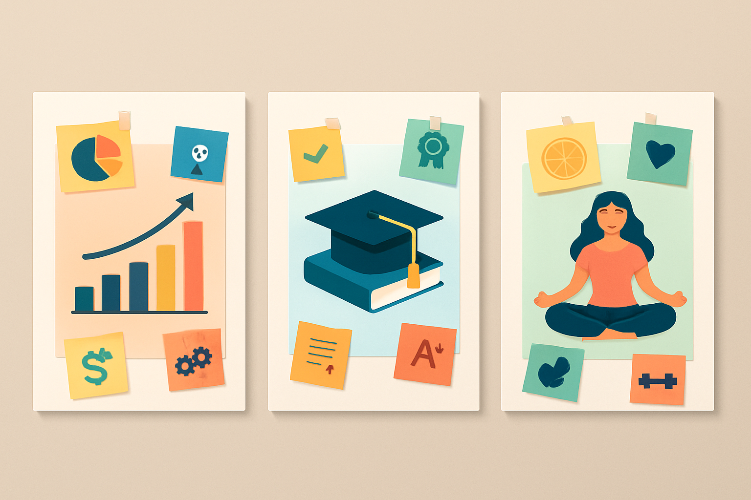 Exemples de vision boards variés illustrant la réussite professionnelle, scolaire et le bien-être