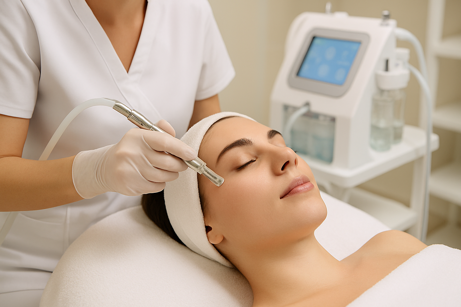 Praticien réalisant une dermabrasion faciale avec un équipement spécialisé dans un centre esthétique