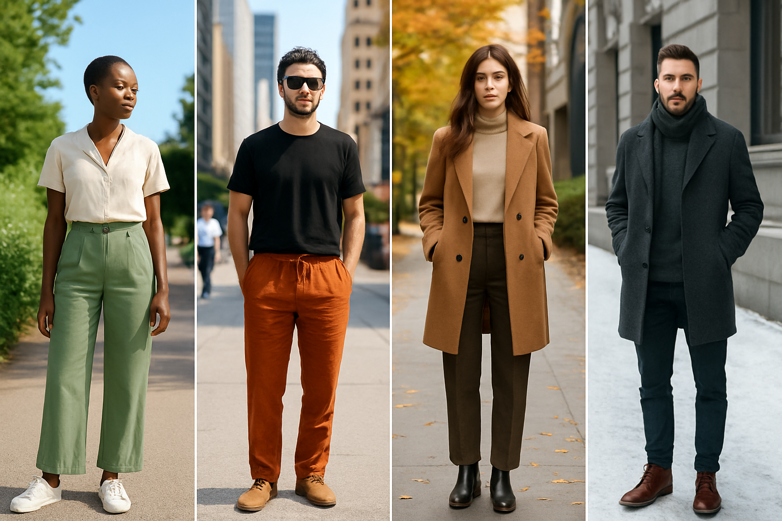 Collection de pantalons à la mode adaptés à chaque saison, mettant en avant la diversité des styles et matières