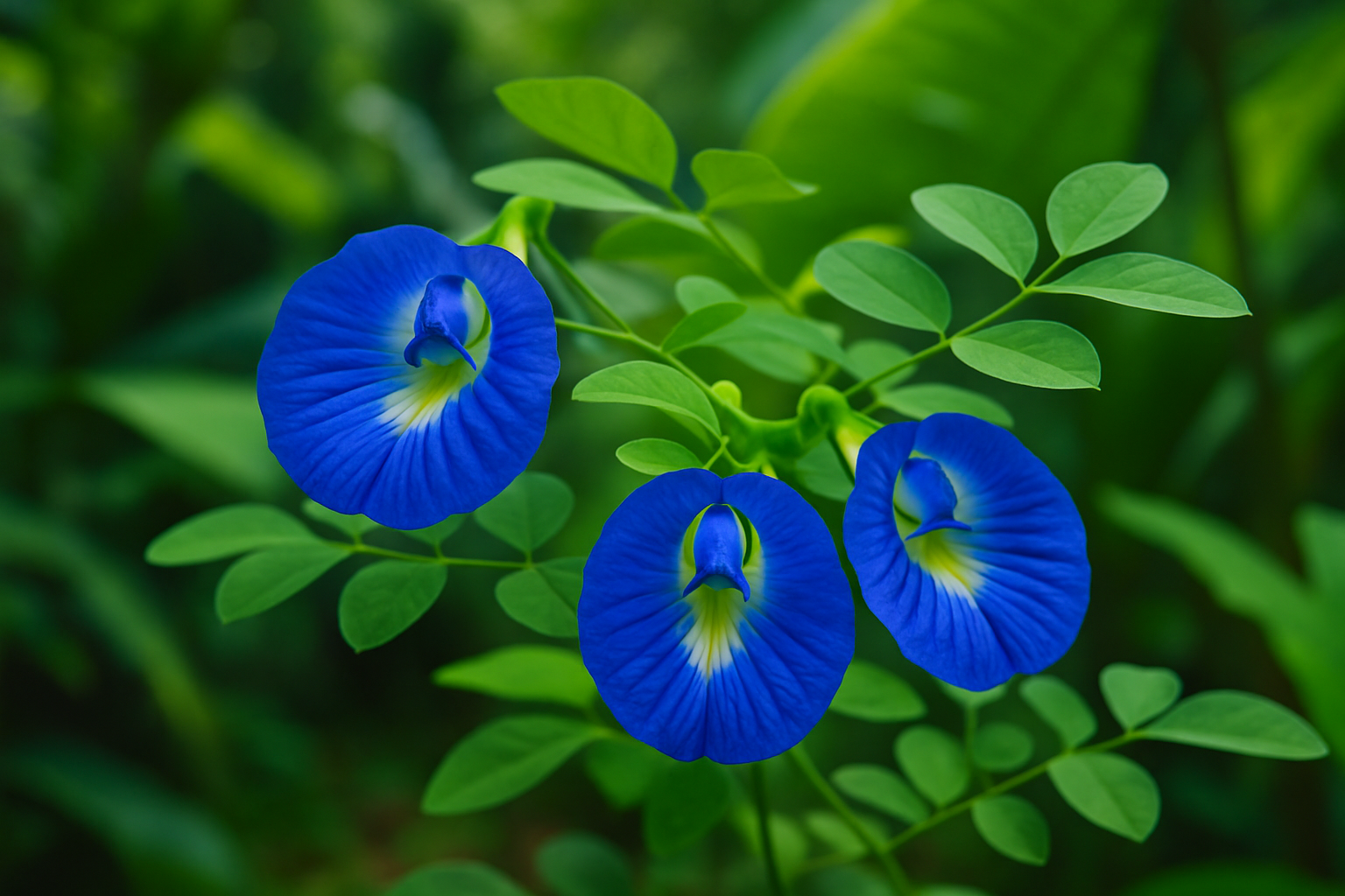 Fleurs bleues éclatantes de la plante Clitoria ternatea, riches en principes actifs pour la relaxation.