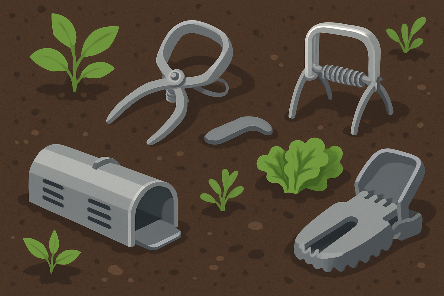 Différents types de pièges à taupe : à bascule, pinces, poussoir et scandinave