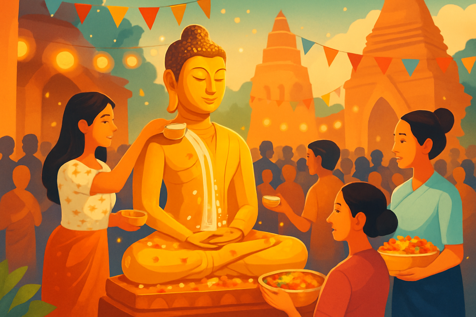 Cérémonie de lavage rituel de la statue de Bouddha lors du nouvel an bouddhiste