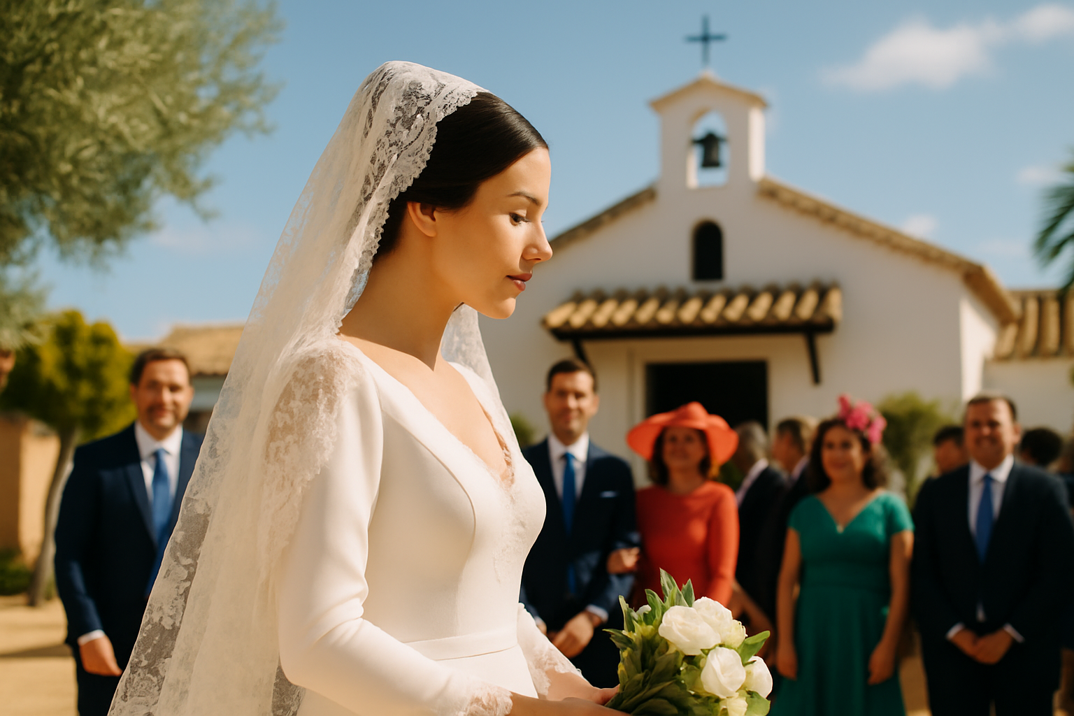 La mariée espagnole traditionnelle portant une mantille blanche, un élément clé du rituel nuptial.