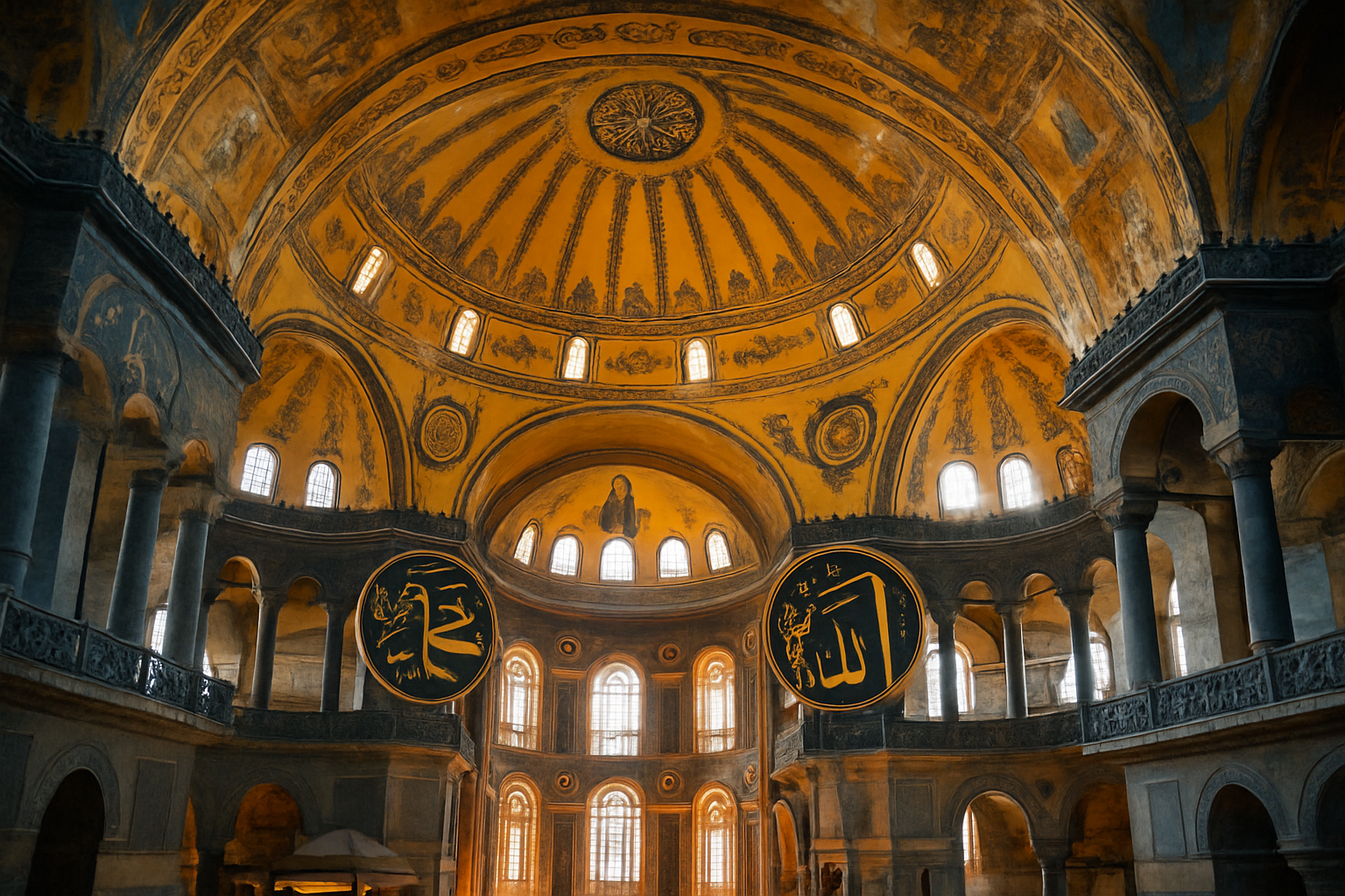 L’intérieur majestueux de Sainte-Sophie avec son dôme emblématique et ses mosaïques byzantines.