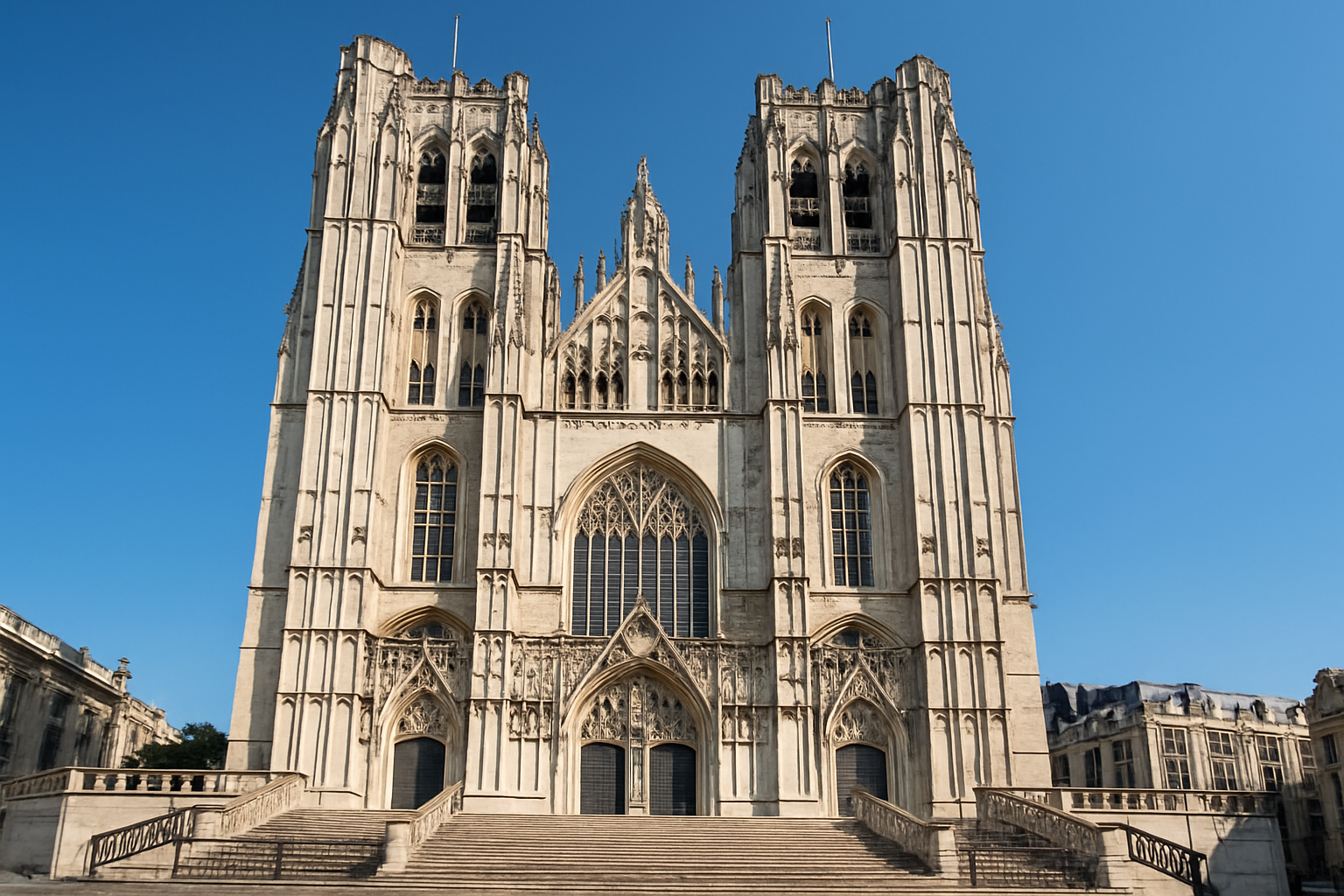 La façade gothique imposante de la cathédrale Saint-Gudule à Bruxelles avec ses tours jumelles.