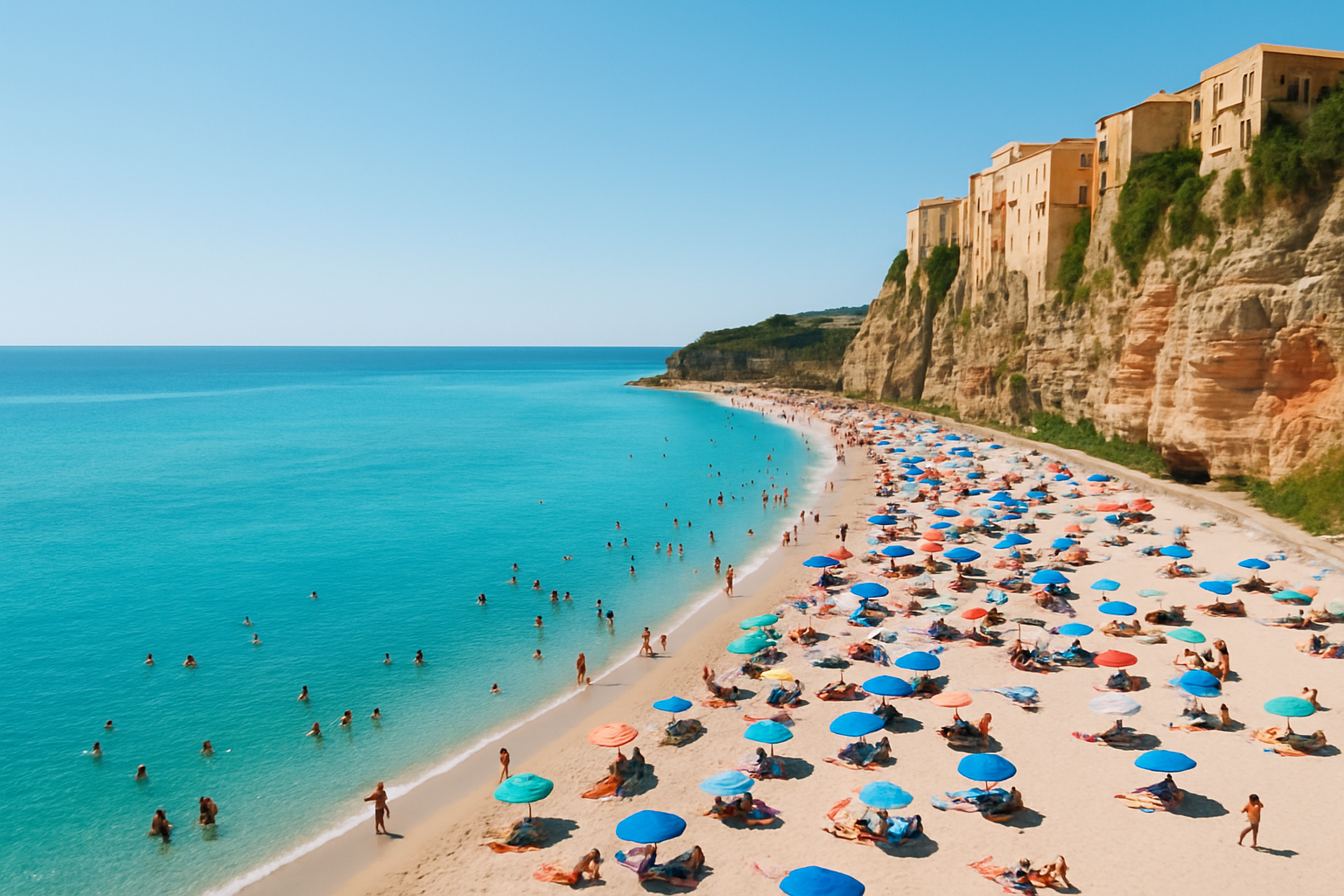 Panorama spectaculaire de la Spiaggia di Tropea depuis les falaises, dévoilant la mer turquoise et le sable doré.