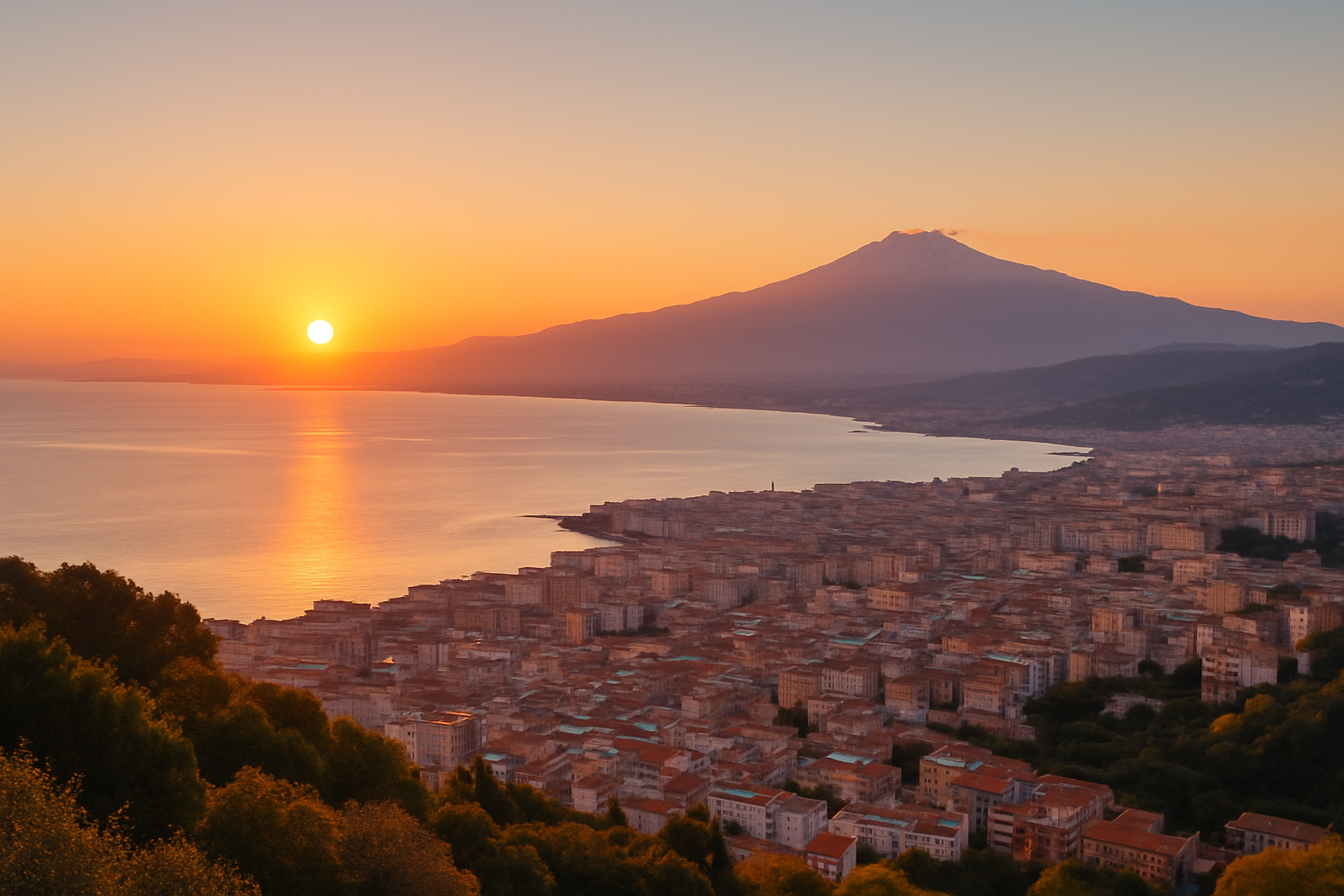 Panorama spectaculaire depuis la colline della Madonna di Montalto sur le détroit et l’Etna au crépuscule.