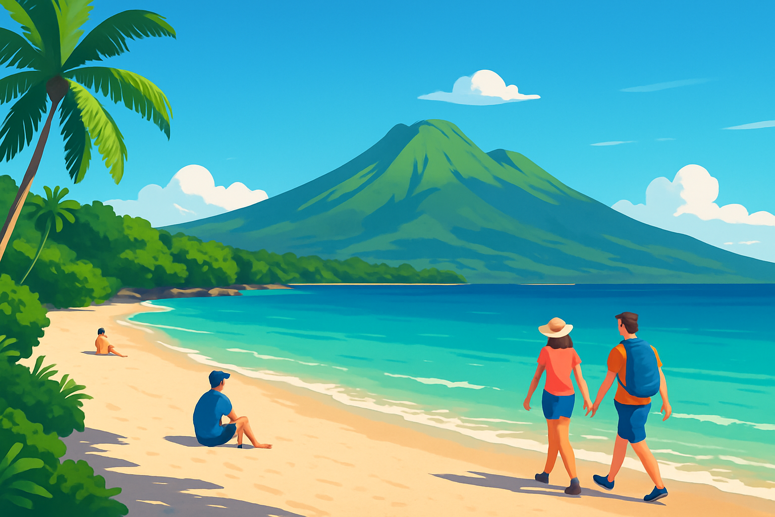 Plage paradisiaque de la Martinique avec la Montagne Pelée en arrière-plan, idéale pour les randonnées et la détente.