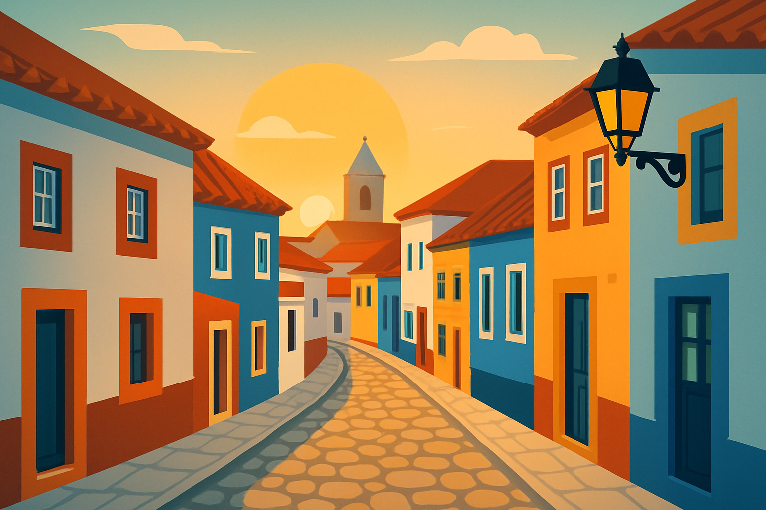 Centre-ville historique de Peniche avec ses ruelles pittoresques et maisons traditionnelles.