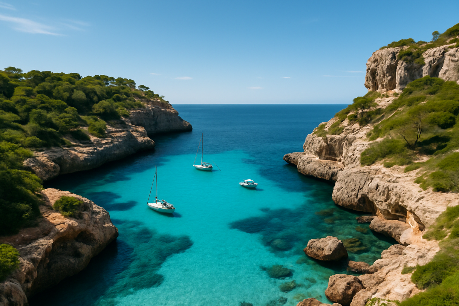 Paysage typique de la côte de Cala d'Or avec ses eaux cristallines et ses falaises rocheuses