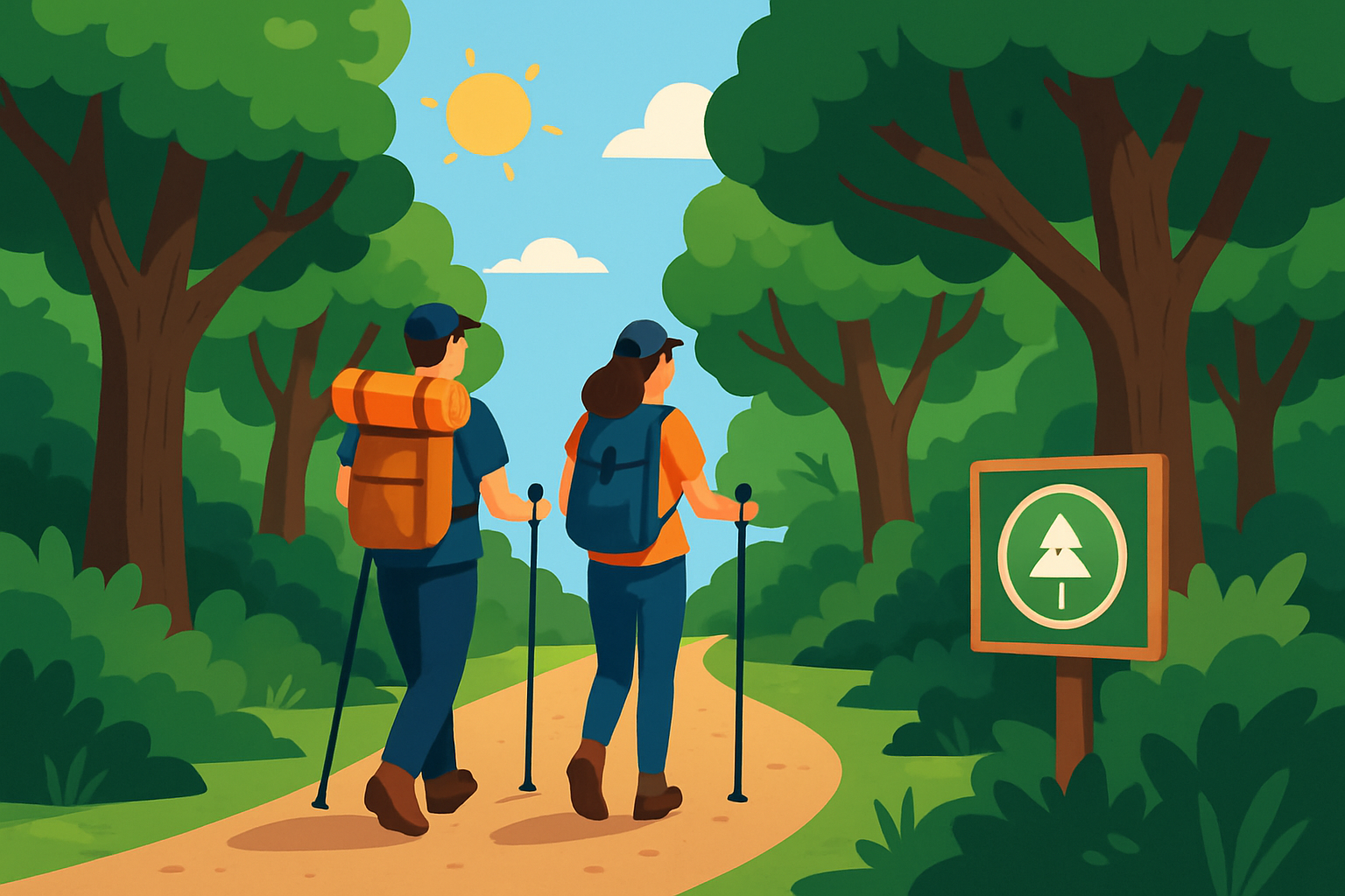 Sentier balisé fréquenté par des visiteurs dans le parc national de forêts, illustrant les activités de randonnée et la gestion durable.