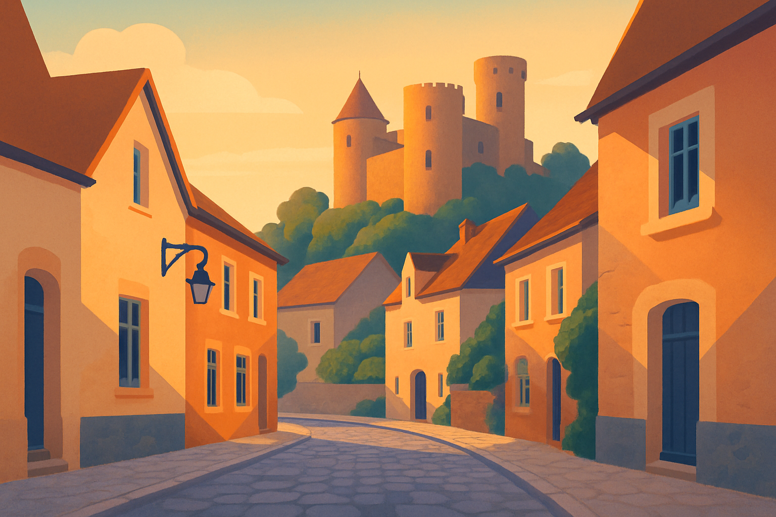 Panorama du centre historique de Fresnay sur Sarthe avec son château emblématique et ses ruelles pittoresques.