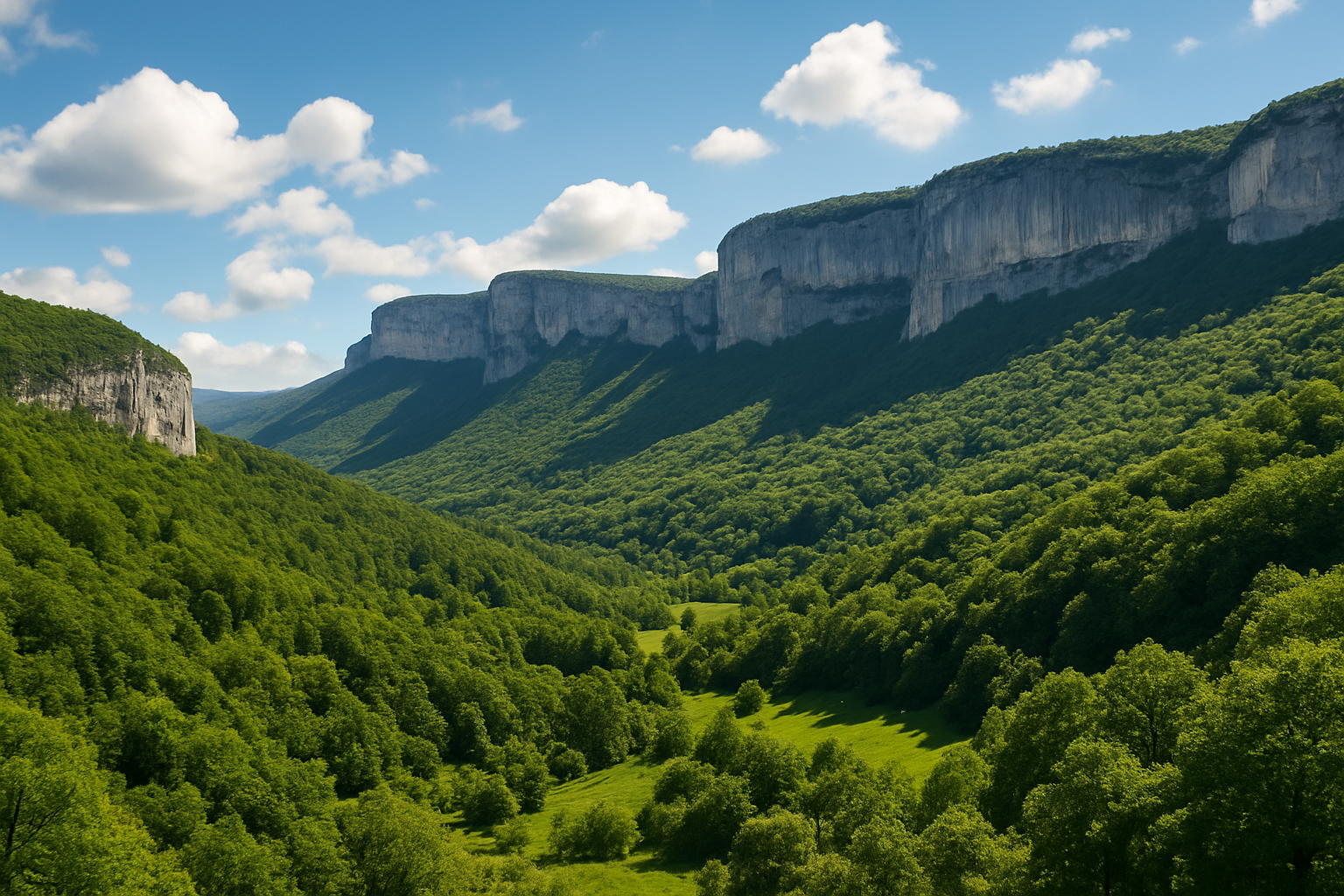Photo panoramique du paysage alentour ou une vue extérieure de la grotte de Choranche