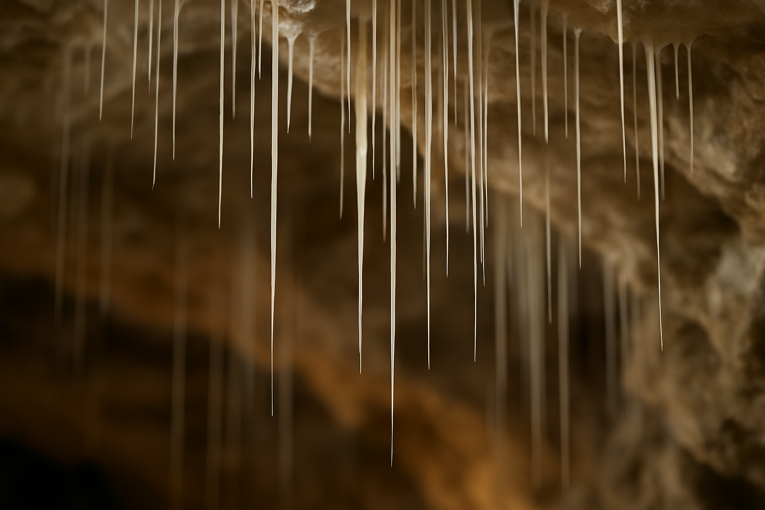 Photo haute définition montrant les fameuses stalactites fines à l’intérieur de la grotte.