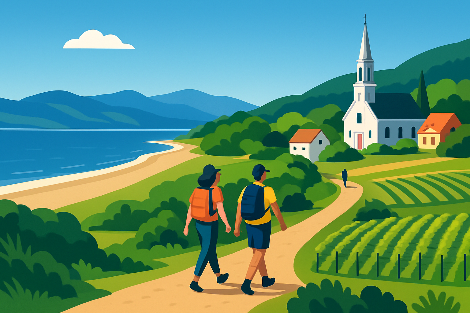 Panorama de la plage de Saint-Irénée avec vue sur le fleuve Saint-Laurent et les sentiers environnants.