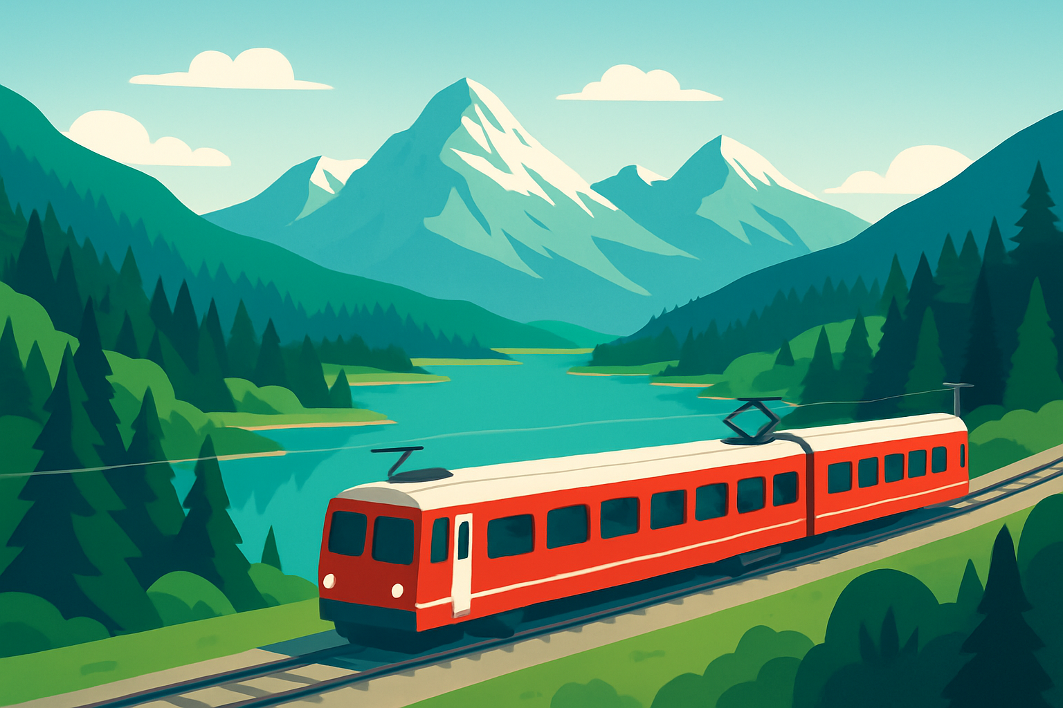 Train suisse moderne serpentant à travers les Alpes, offrant une vue spectaculaire sur les montagnes et les lacs.