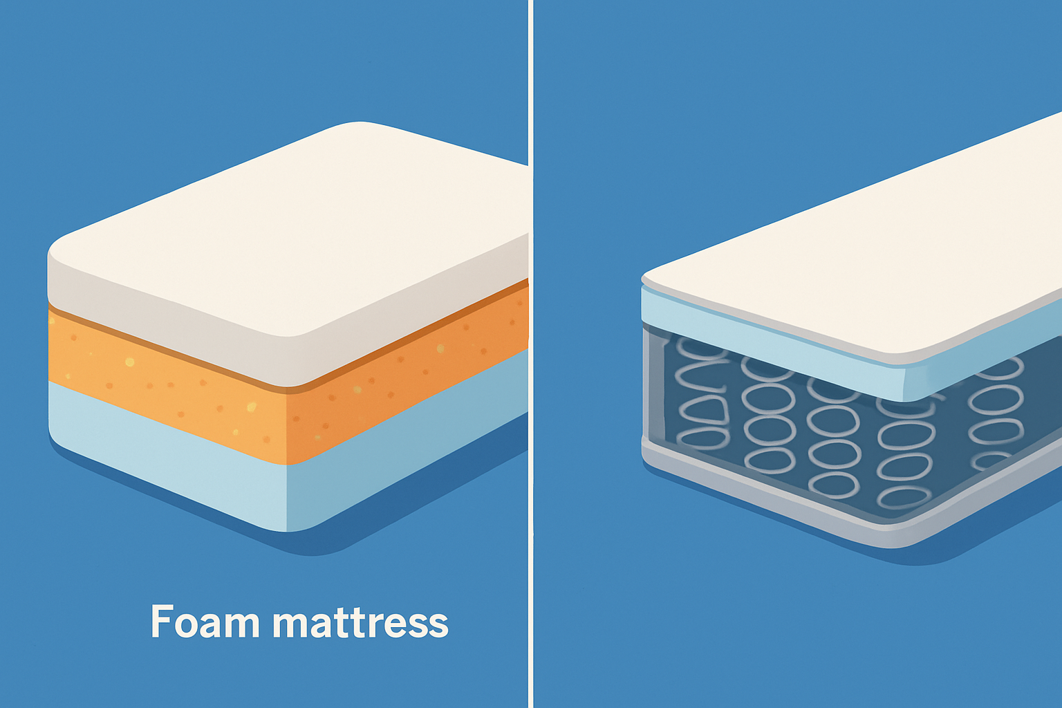 Illustration comparative montrant la structure interne d'un matelas mousse et d'un matelas ressort, mettant en évidence les différences techniques