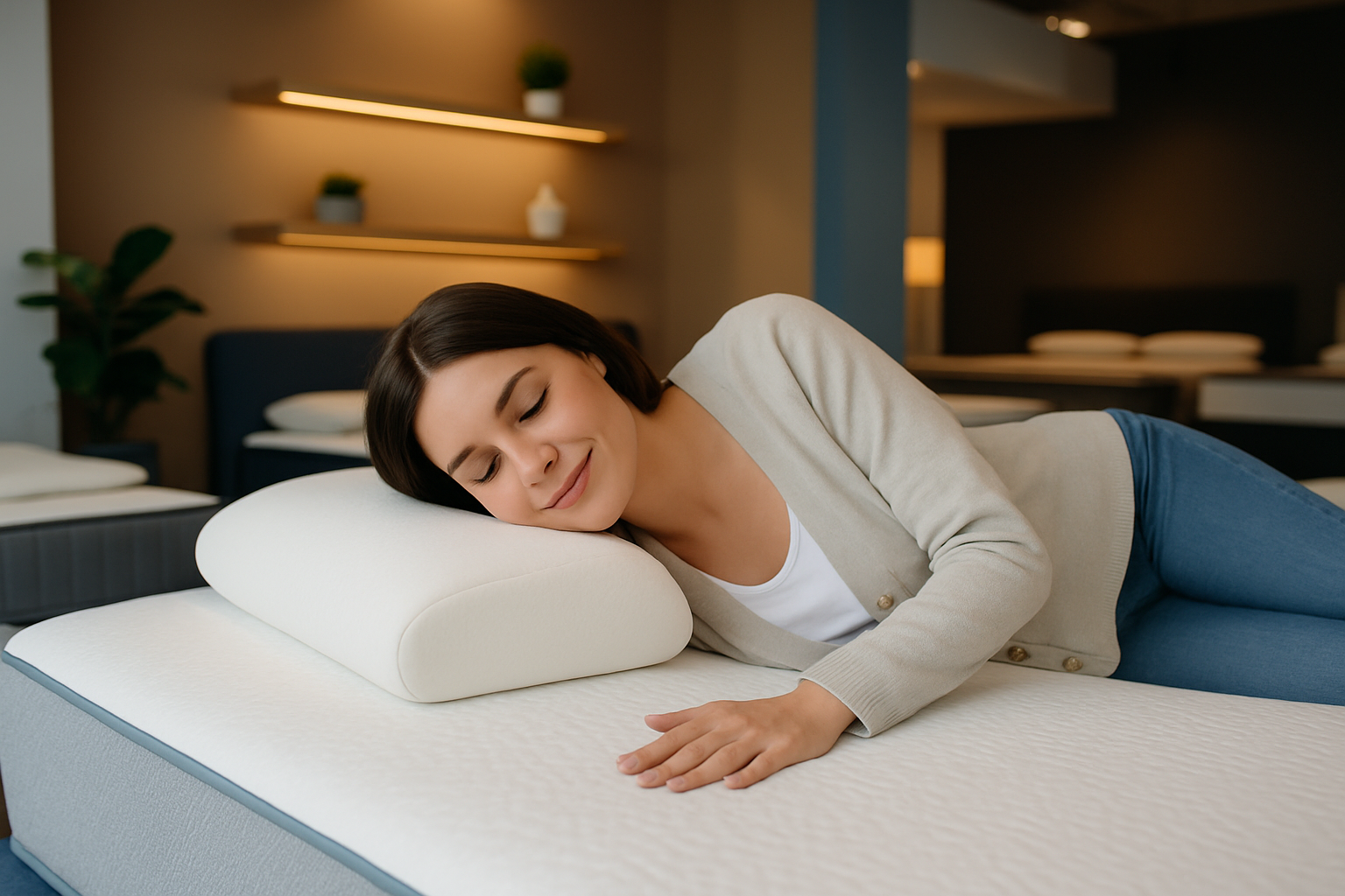 Visuel d’un client évaluant le confort d’un matelas mémoire de forme en boutique