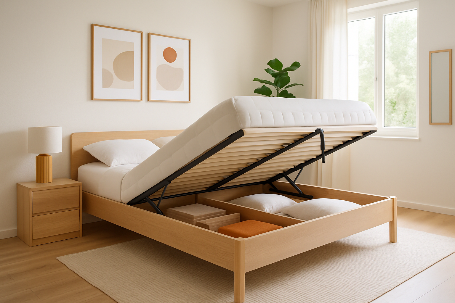 Lit remontant manuel dans une chambre moderne, illustrant le gain d'espace et l'esthétique épurée.